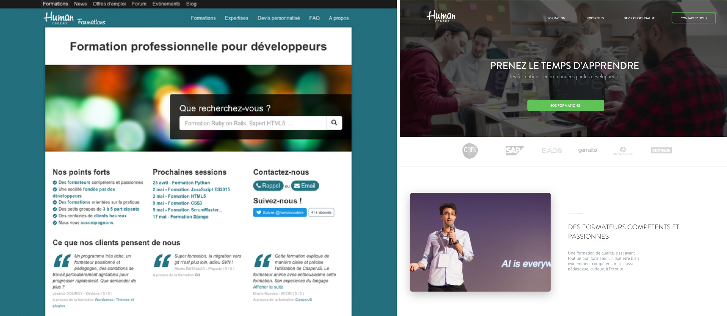 Page d'accueil de Human Coders - Avant/Après