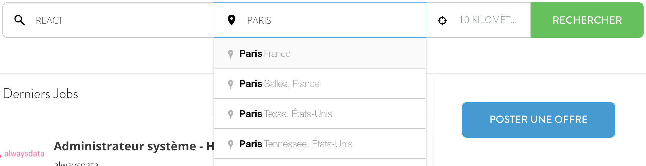 Recherche d'offres d'emploi géolocalisées