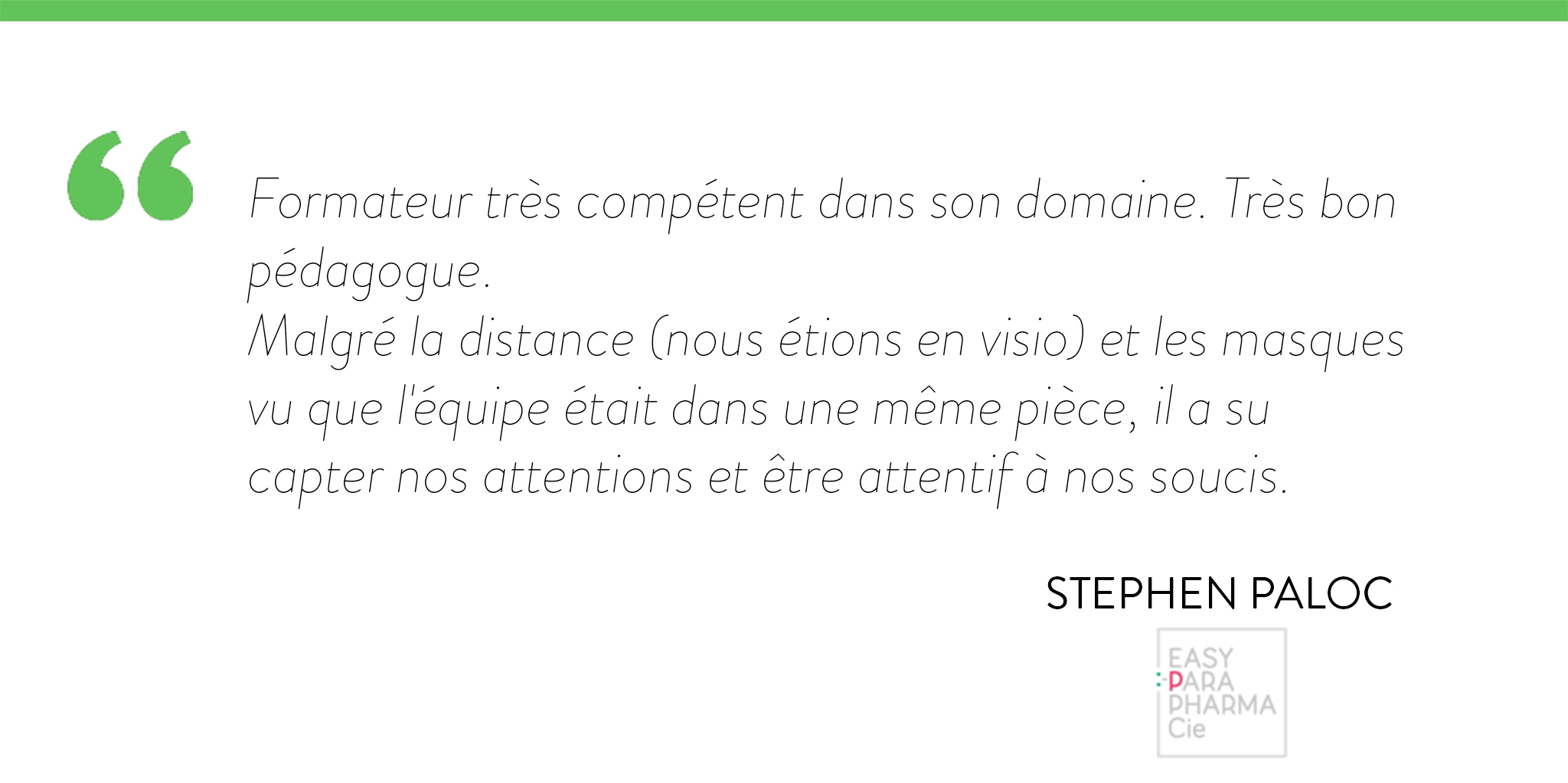 Formateur très compétent dans son domaine. Très bon pédagogue. Malgré la distance (nous étions en visio) et les masques vu que l'équipe était dans une même pièce, il a su capter nos attentions et être attentif à nos soucis.